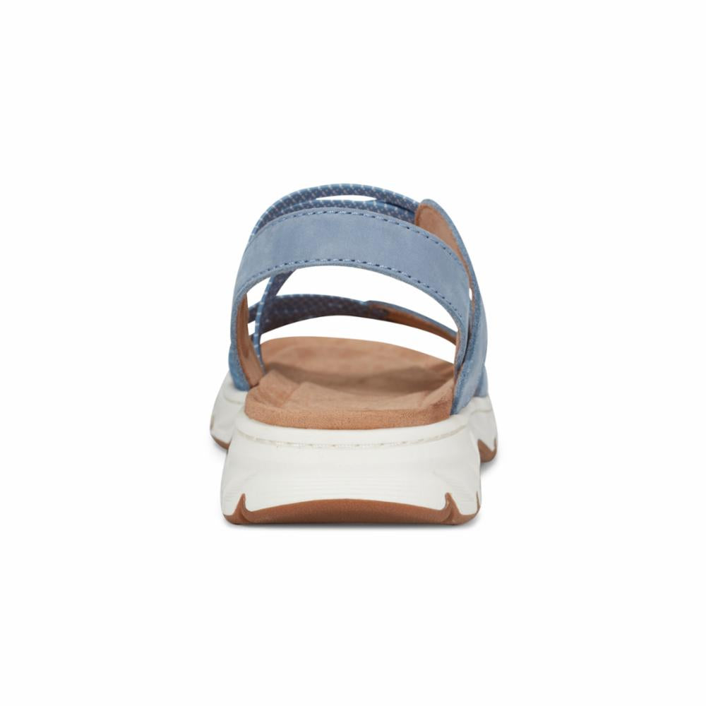 Back view of a blue sandal with multiple straps and a white sole.