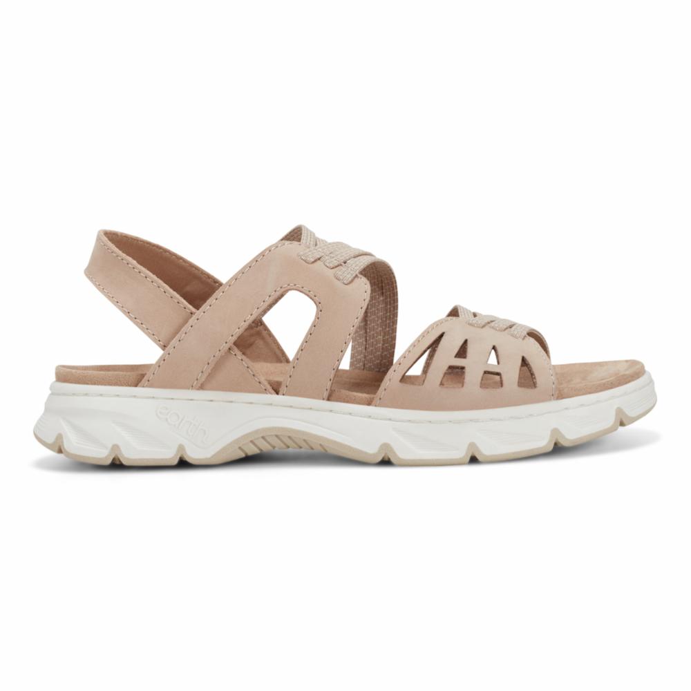 Beige sandal with two thick top straps and a white platform sole.