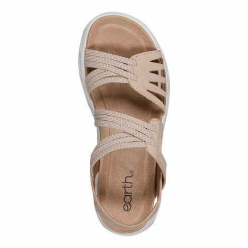 Beige sandal with multiple criss-cross straps.