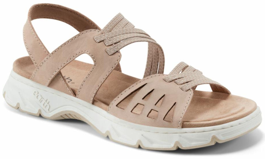 Tan sandal with leather straps and white sole.
