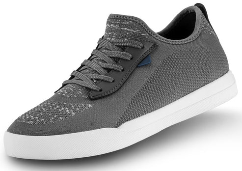 A gray knit sneaker with a white rubber sole and gray lace-up closure.