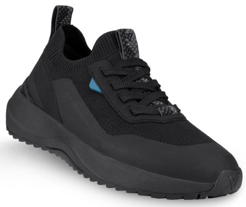 A black athletic sneaker with a textured knit upper, black laces, a small blue tab detail on the side, and a thick, ridged black rubber outsole.