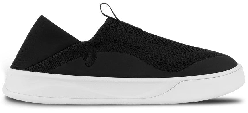 A black slip-on sneaker with a breathable knit upper, a white rubber midsole, and a collapsible heel design.