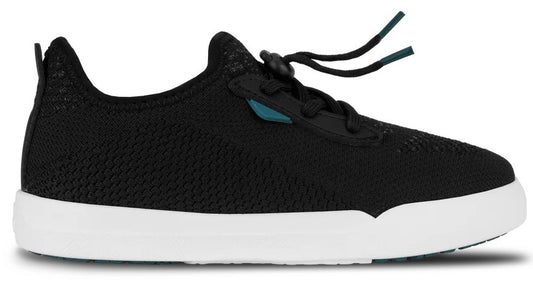 A black knit sneaker with a white rubber sole, featuring a toggle lace system and a small teal accent near the laces.