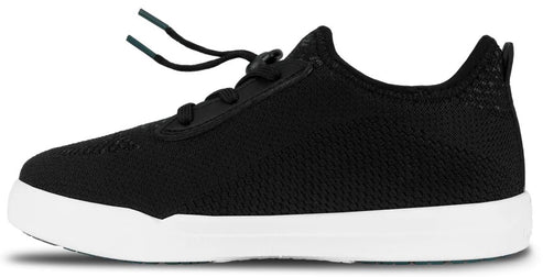 A black knit sneaker with a white rubber midsole and black lace-up closure seen from the side.