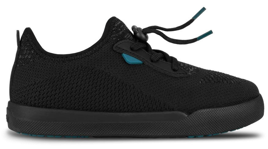 A black knit sneaker with a black textured rubber sole and a teal toggle-style lace system.
