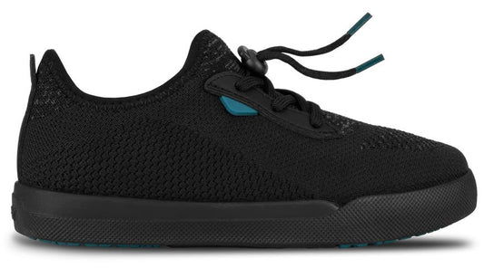A black knit sneaker with a black textured rubber sole and a teal toggle-style lace system.