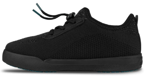A black, slip-on sneaker with a knitted fabric upper, a matching black rubber sole, and a toggle-style drawstring lace closure.
