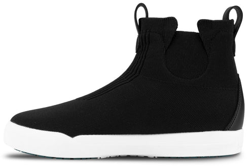 A black slip-on ankle boot with a high-top knit upper, a thick white rubber sole, and two small pull tabs at the back.