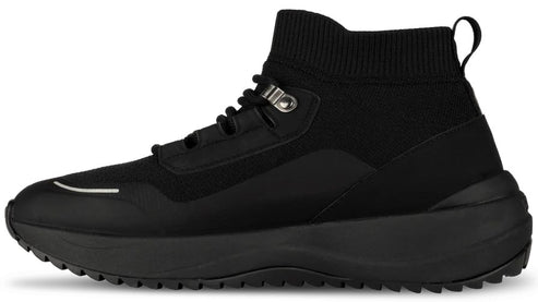 A side view of a black high-top sneaker with a knit-like upper, a thick rubber midsole, a textured rubber outsole, and a metal lace loop.