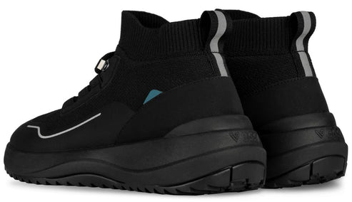 A pair of black, high-top, slip-on sneaker boots with a thick, textured black rubber sole, a pull tab with a grey reflective stripe at the heel, and a small blue triangular detail on the side.