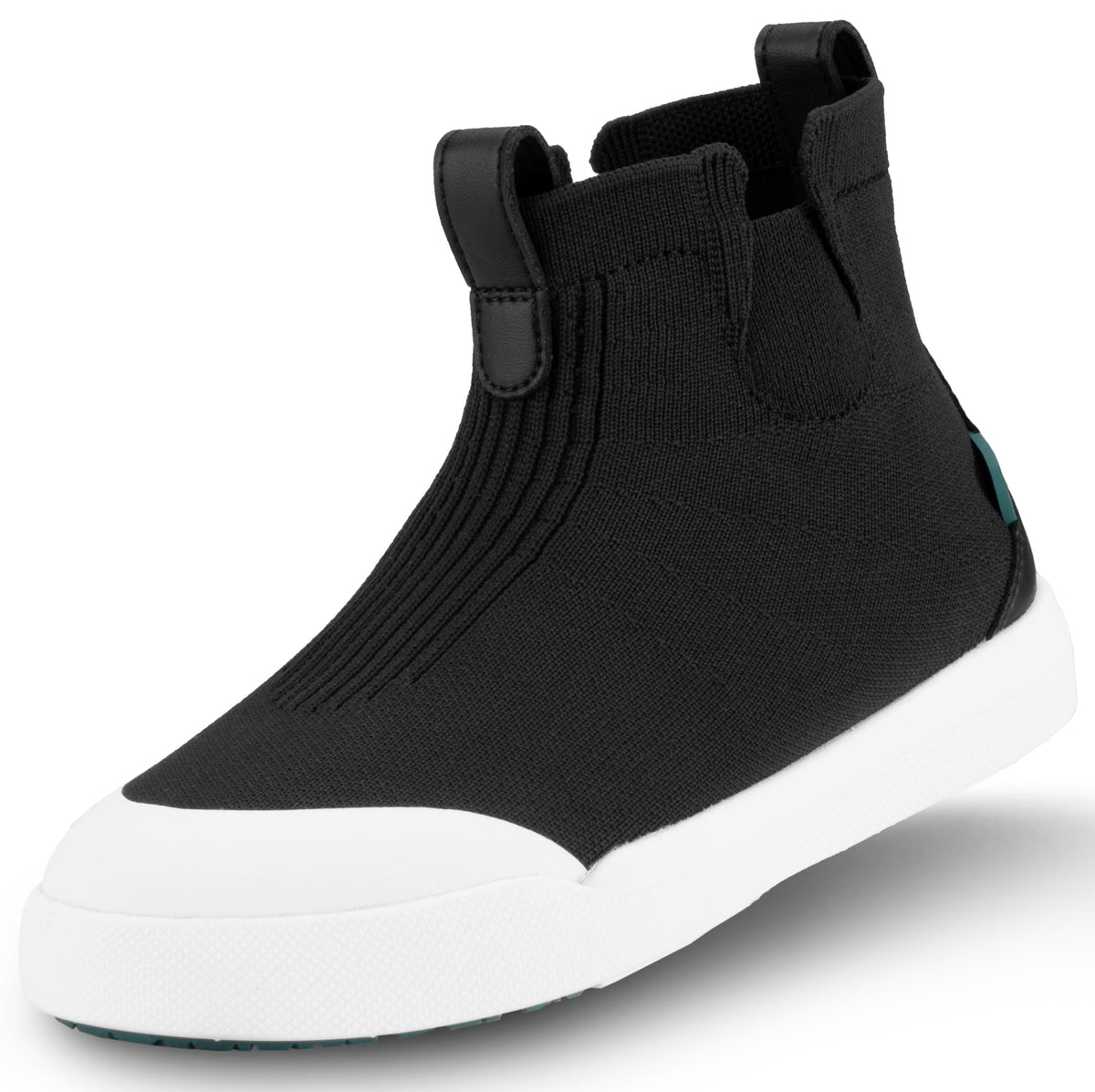 A black slip-on ankle sneaker with a ribbed knit upper, a black leather pull tab, and a white rubber toe cap and sole.