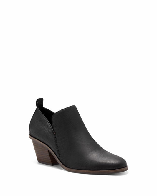 Black leather bootie with a medium block heel.