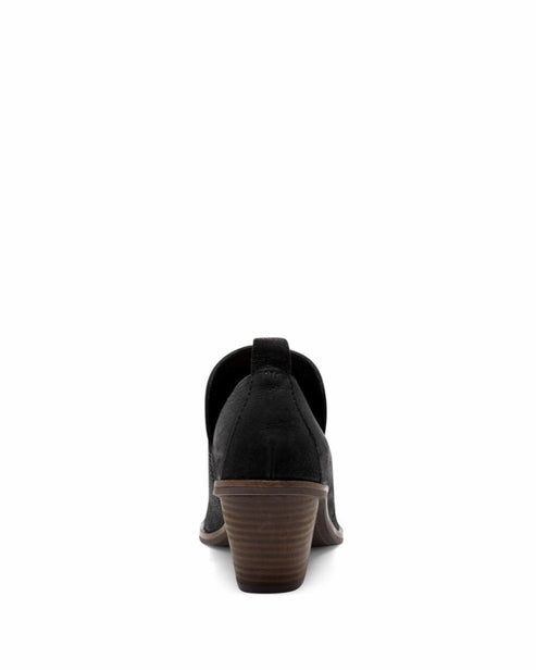 Back view of a black, split-shaft, heeled bootie