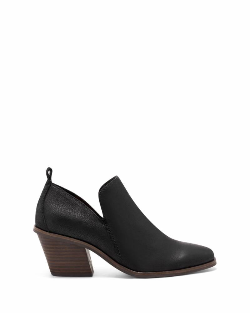Black ankle boot with a block heel and a v-shaped opening.