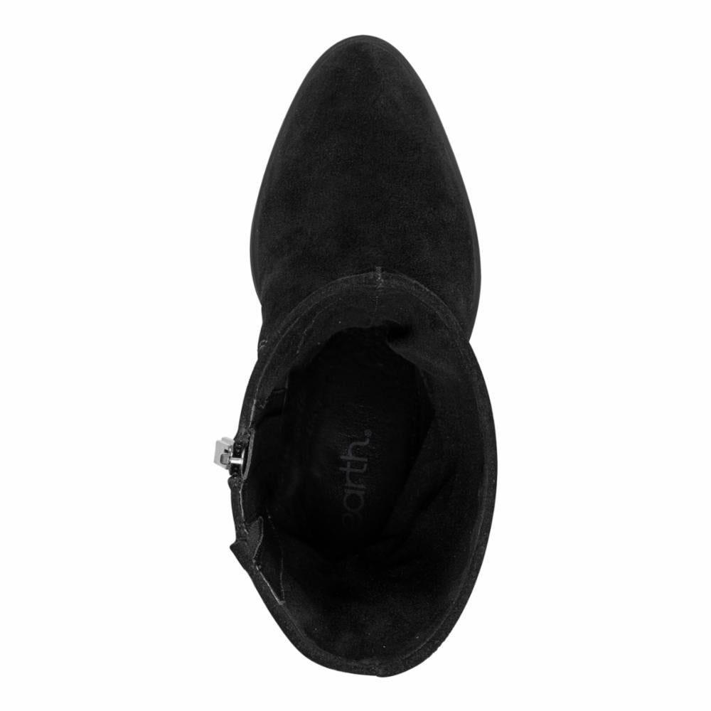 Top-down view of a black suede ankle boot with a pointed toe and a side zipper.