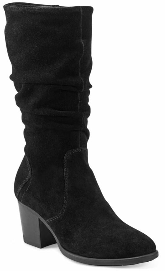 Black suede mid-calf heeled boot with slouching.