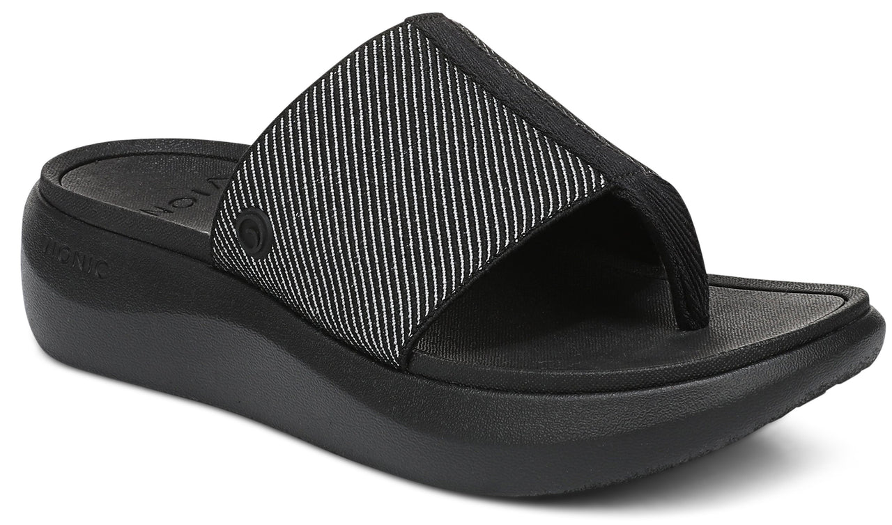 Black sandal with a thick striped gray and black band.
