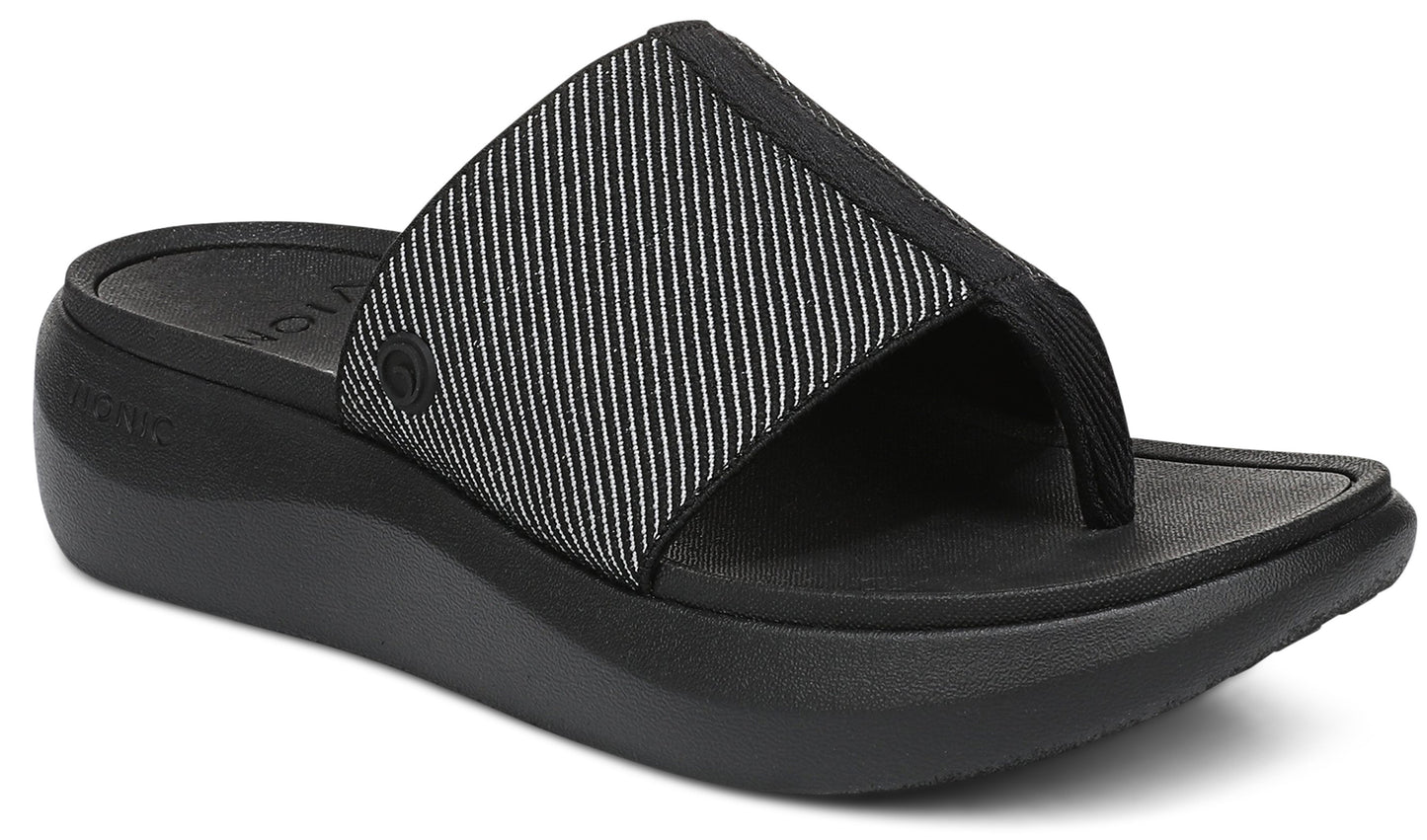 Black sandal with a thick striped gray and black band.