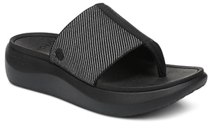 Black sandal with a thick striped gray and black band.