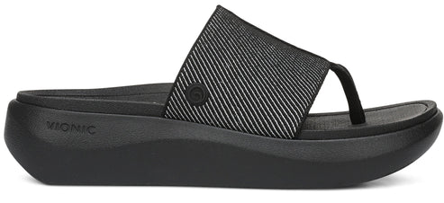 A black sandal with a vertically striped strap and toe post.