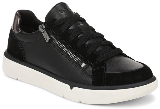 A black leather and suede lace-up sneaker with a side zipper, metallic heel detail, and a thick white rubber sole.