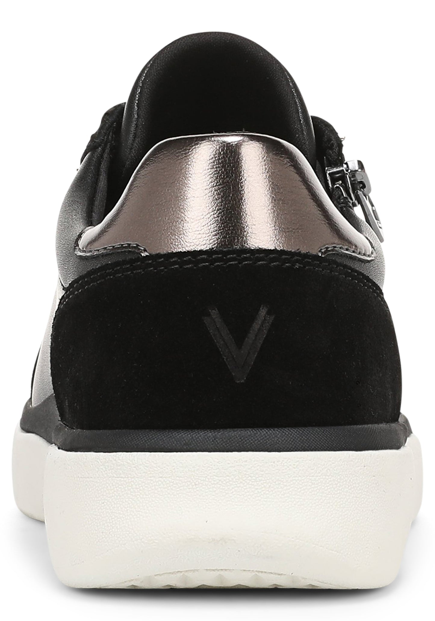 A back view of a black sneaker featuring a metallic silver heel tab, a black suede heel panel embossed with a V logo, and a thick white rubber sole.