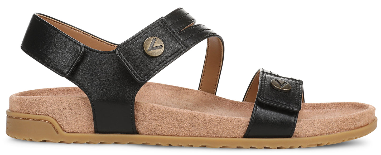 A black sandal with two straps.