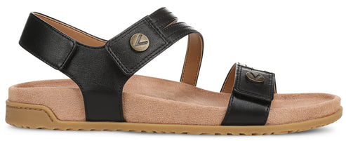 A black sandal with two straps.