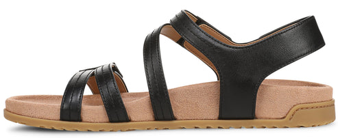 Black leather sandal with multiple straps and a tan sole.