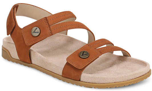 Brown sandal with adjustable straps and metal logo.