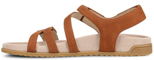 Brown criss-cross strap sandal with tan sole.