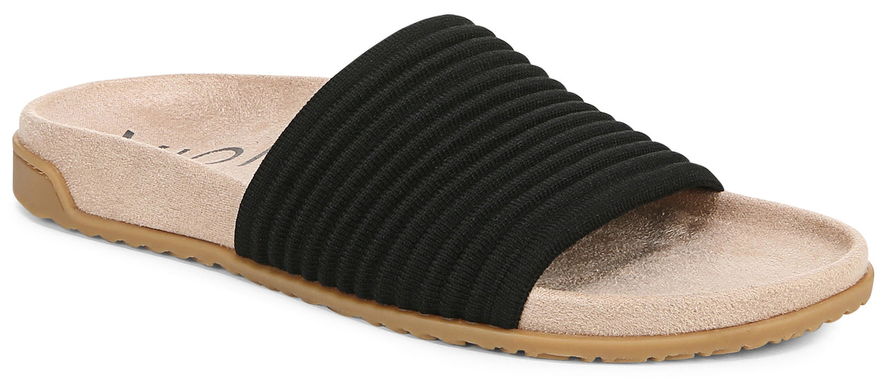 Slide sandal with black ribbed strap and beige sole.