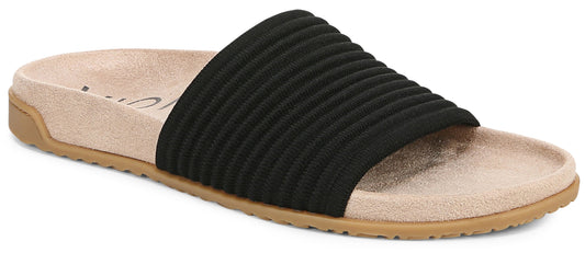 Slide sandal with black ribbed strap and beige sole.