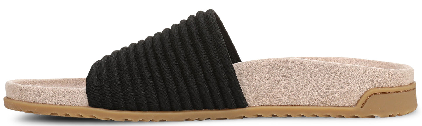 A slide sandal with a black ribbed top and tan sole.