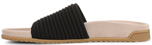 A slide sandal with a black ribbed top and tan sole.
