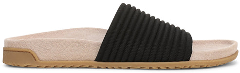 A slide sandal with a ribbed black strap and tan sole.