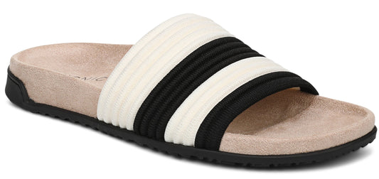 A slide sandal with alternating black and white stripes.