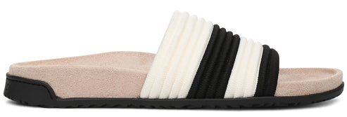 A slide sandal with black and white bands.