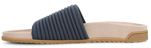 A slide sandal with a blue textured upper and tan sole.