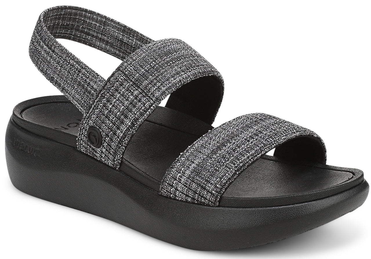 Black platform sandal with two textured gray fabric straps and a sling back.