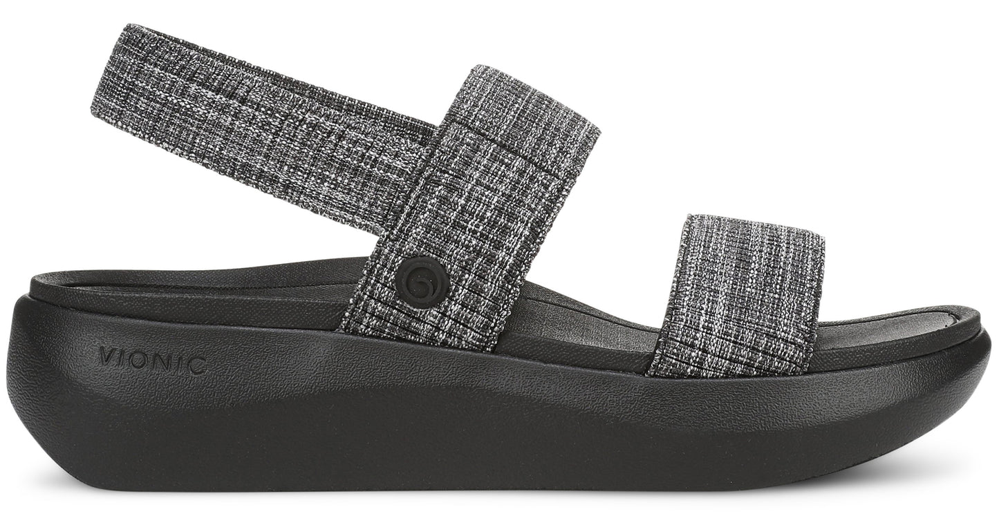 Black platform sandals with gray textured straps; Vionic brand printed on the platform.