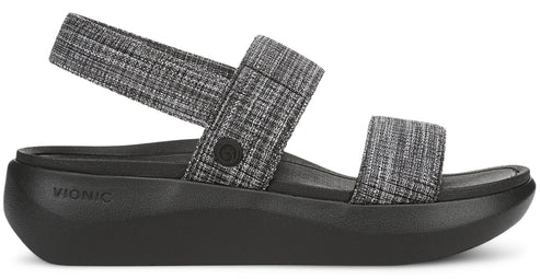 Black platform sandals with gray textured straps; Vionic brand printed on the platform.