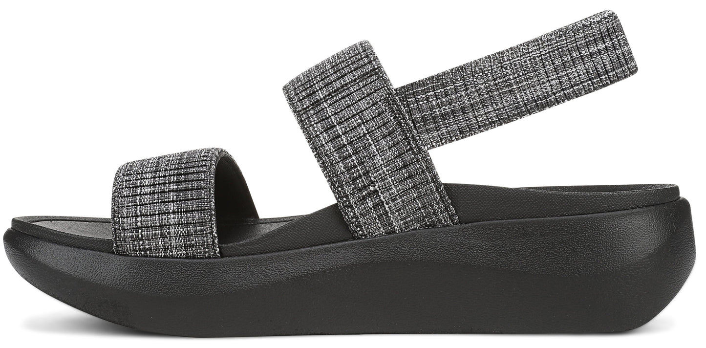 A black and gray sandal with two fabric straps.