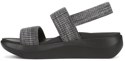A black and gray sandal with two fabric straps.