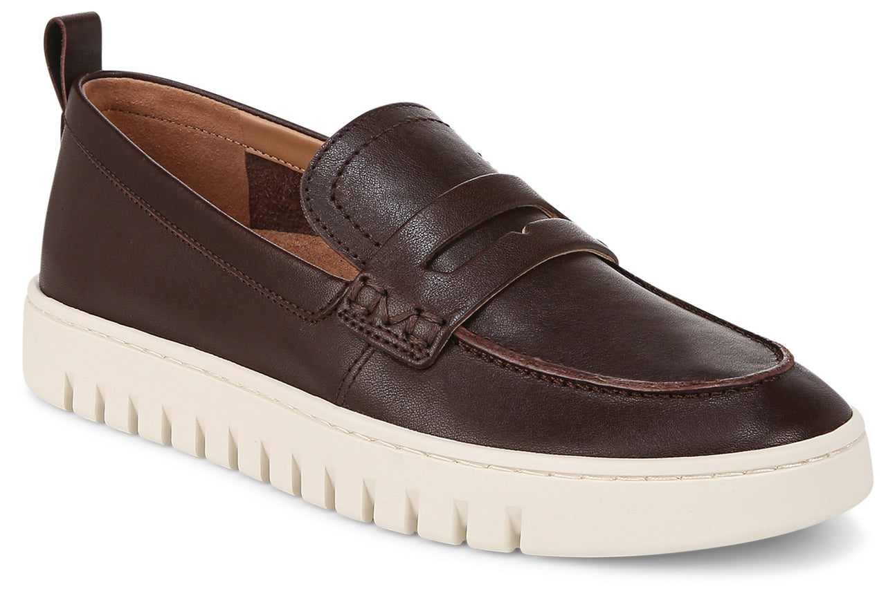 Dark brown leather loafer with a white rubber sole and a pull tab at the heel.