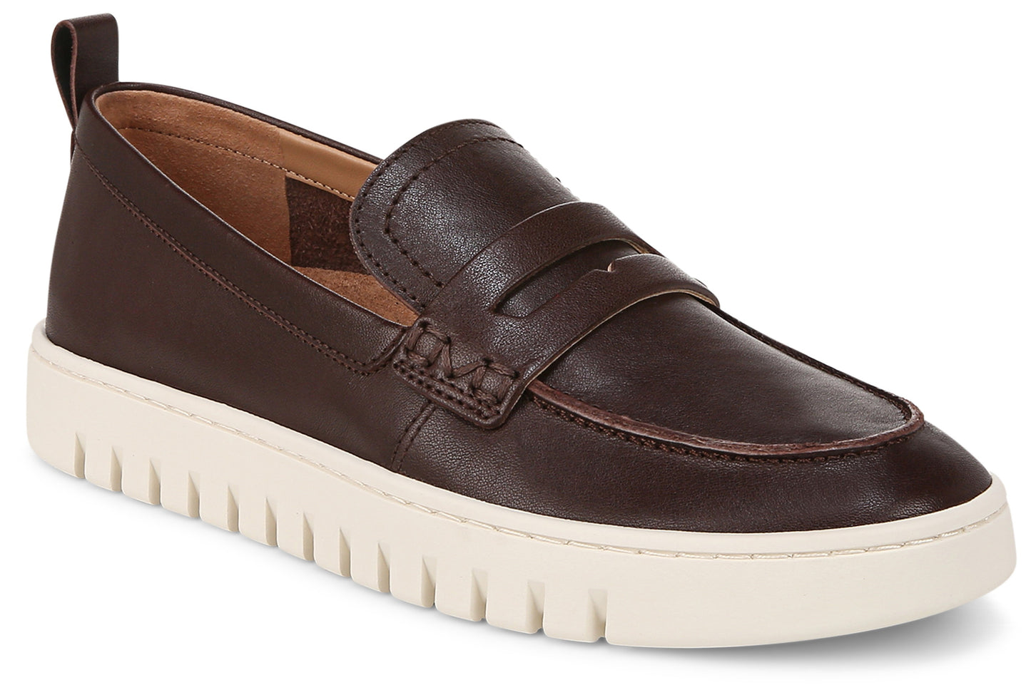 Dark brown leather loafer with a white rubber sole and a pull tab at the heel.
