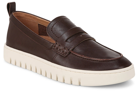 Dark brown leather loafer with a white rubber sole and a pull tab at the heel.
