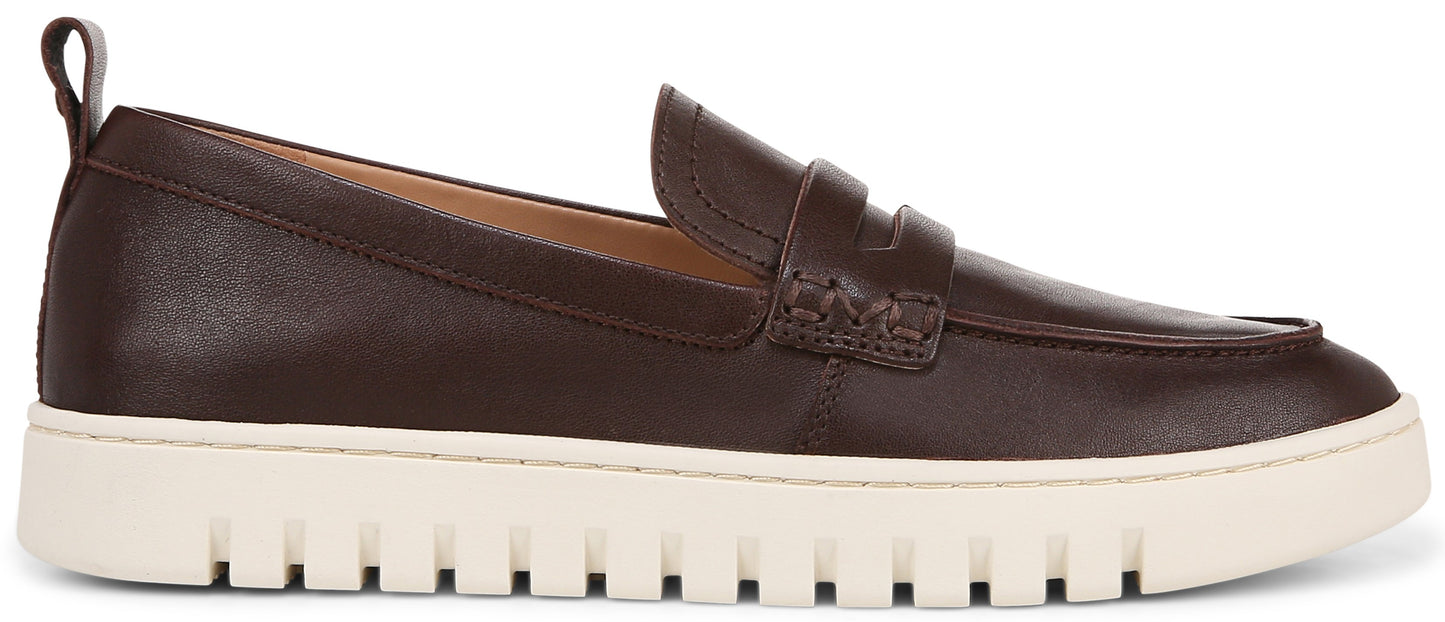A dark brown leather loafer with a white ridged sole.