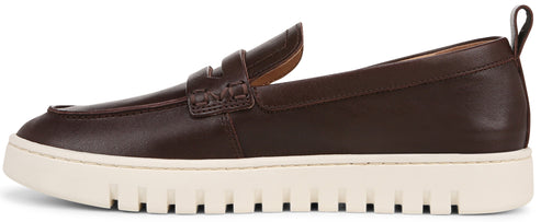 A brown leather penny loafer with a thick white sole.